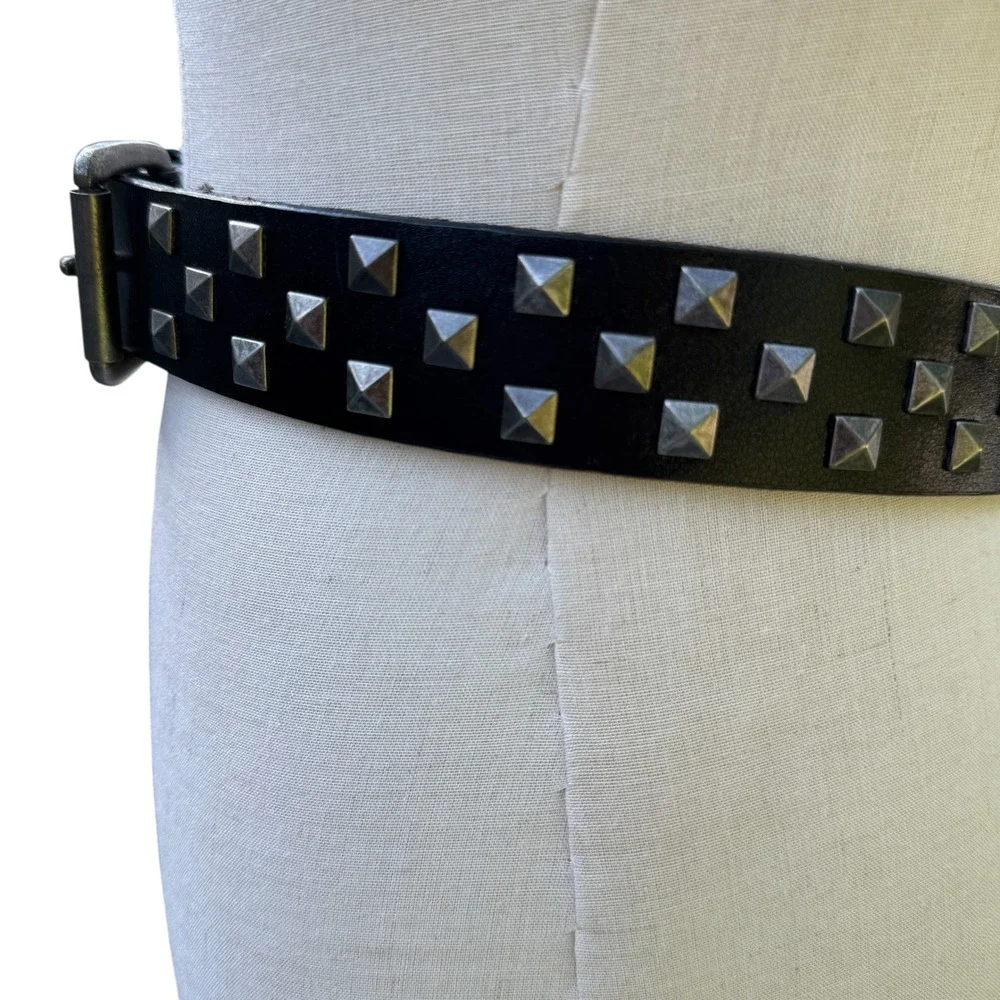 Black Split Leather Pyramid Studded Belt Men Large Silver Hardware Punk Rocker